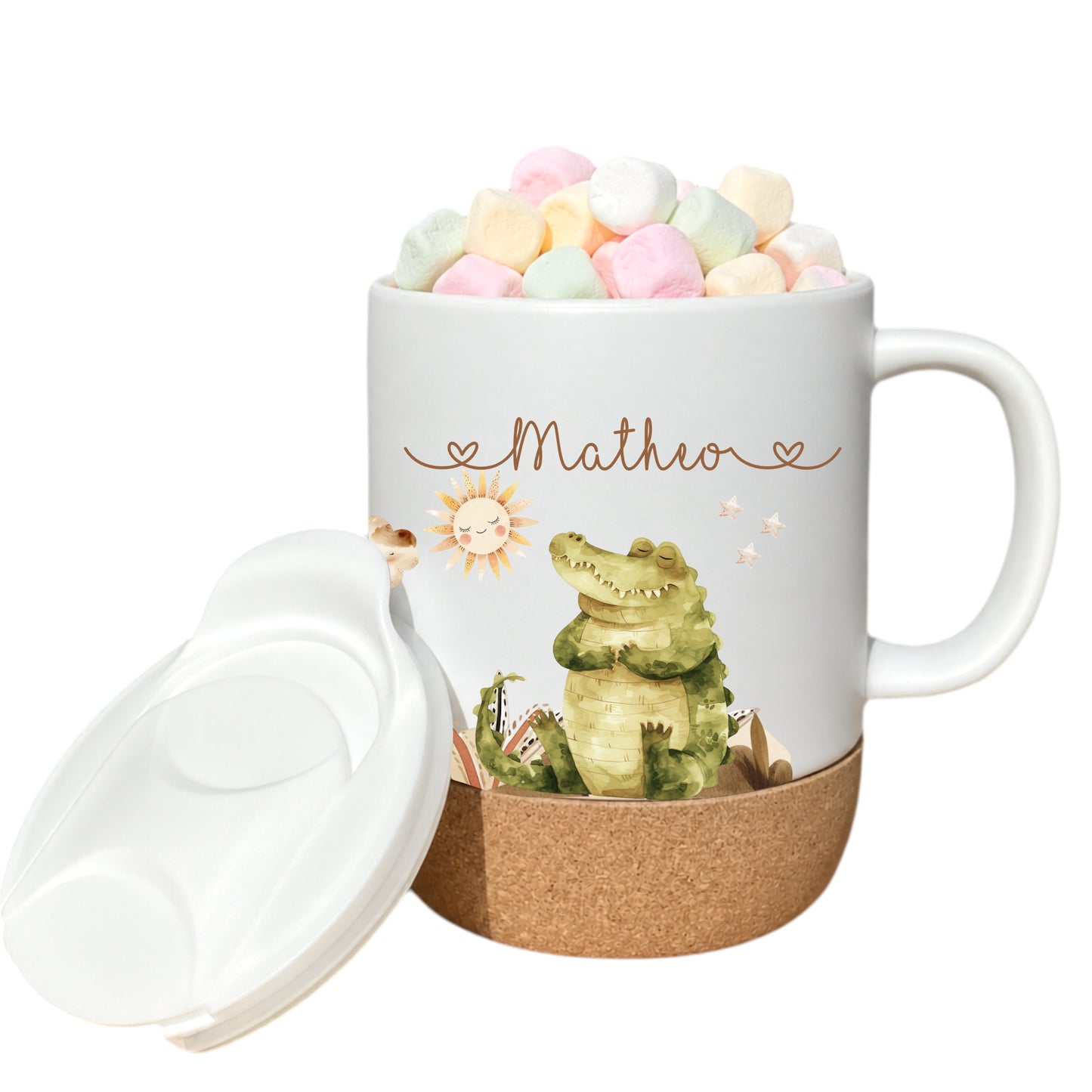 Personalisierte Kindertasse mit Namen – Keramiktasse mit Korkboden & Deckel | 14 Motive zur Auswahl