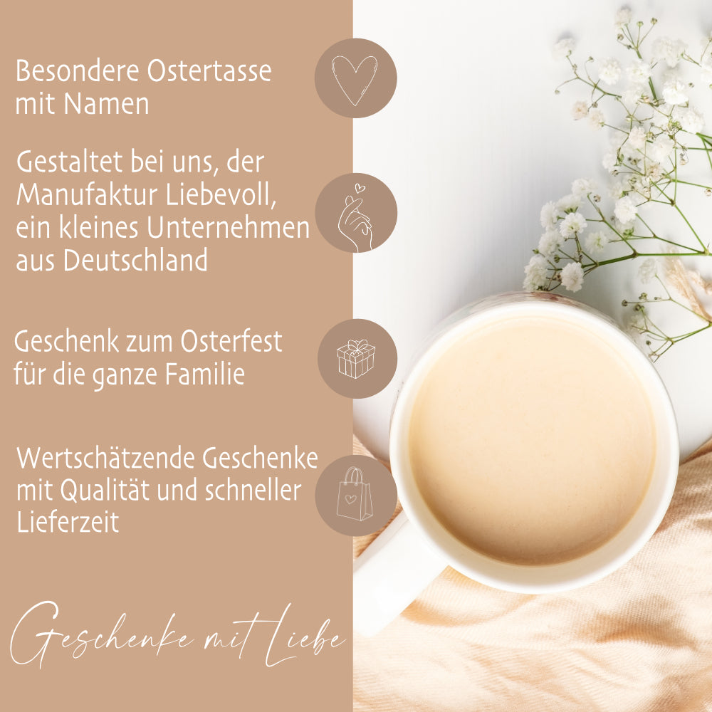 Personalisierte Ostertasse aus Kermik mit Korkboden, 3 Motive zur Auswahl