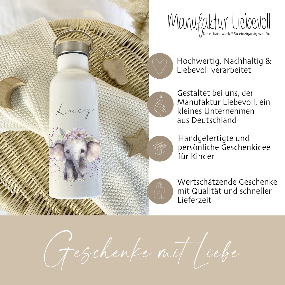 Trinkflasche Elefant mit Namen als Geschenkidee für Mädchen