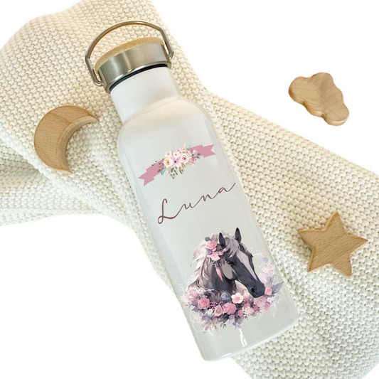 Thermosflasche mit Namen und Pferde Pony Motiv für Kinder als Geschenk