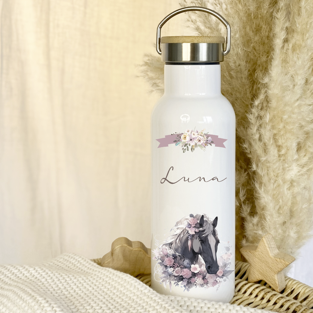 Thermosflasche mit Namen und Pferde Pony Motiv für Kinder als Geschenk