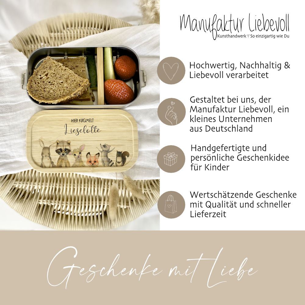 Lunchbox "Tiere" wählbar in Edelstahl mit Bambusdeckel und Namen für Kinder | Brotdose mit Tiermotiv | Personalisiertes Geschenk für Kinder