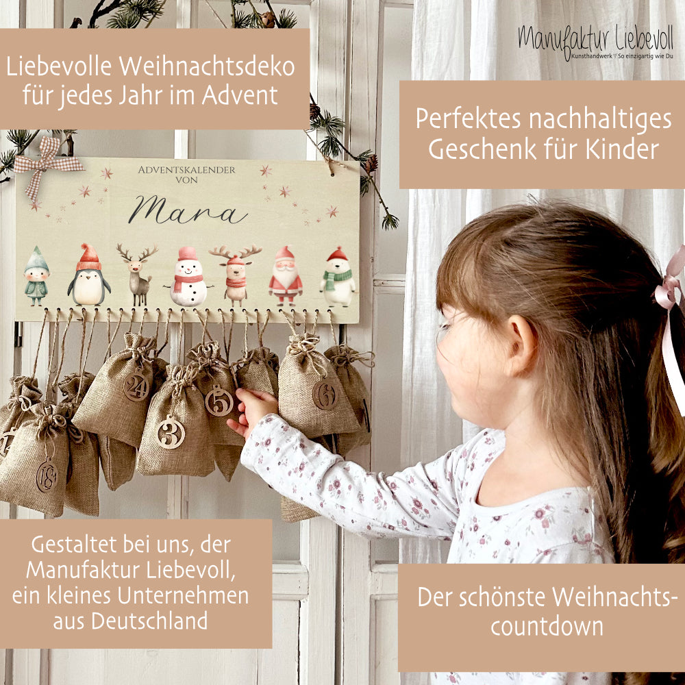 Adventskalender für Kinder Personalisiert mit Namen zum Befüllen mit Weihnachsfiguren aus Holz