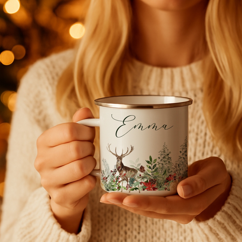 Personalisierte Emaille Tasse Weihnachten mit Namen – Hirsch & Wintermotiv – Geschenkidee Advent & Weihnachtsgeschenk