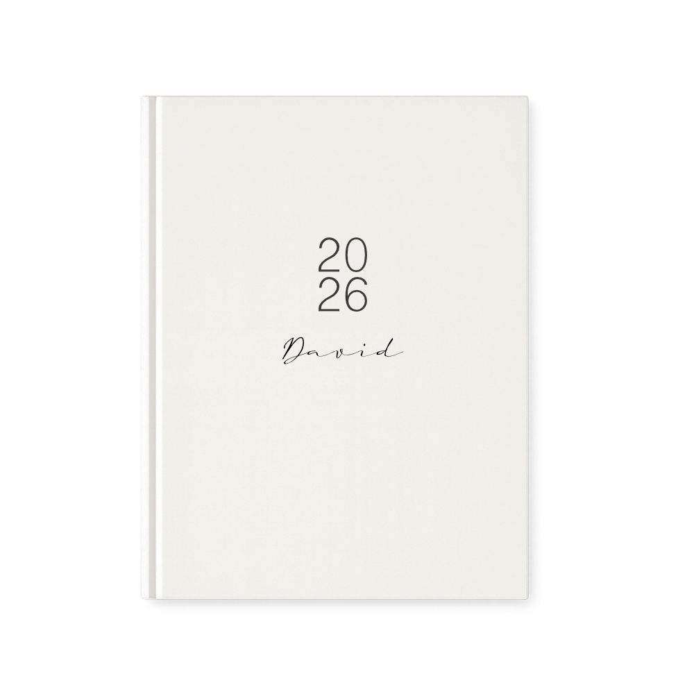 Personalisierter Terminplaner 2026 Din A5 | Minimalistischer Buchkalender mit Name | Weißes Hardcover – Manufaktur Liebevoll