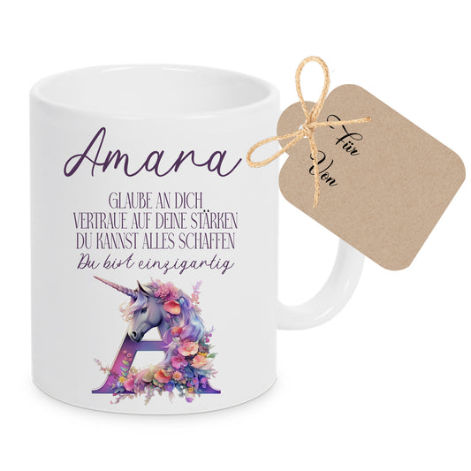 Einhorn Tasse mit Namen und Buchstaben für Mädchen als Geschenk