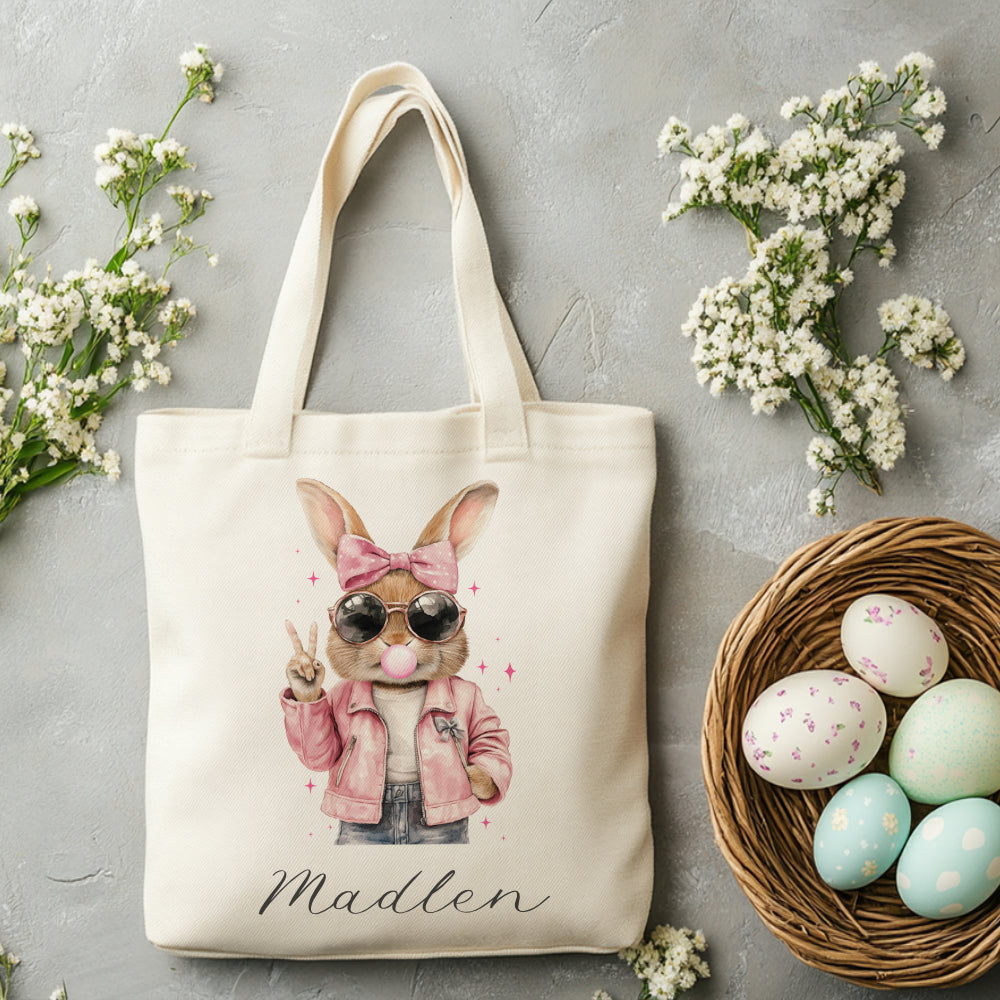 Stoffbeutel mit Namen bedruckt,  Motive: Osterohren, Bubble Gum Osterhasen