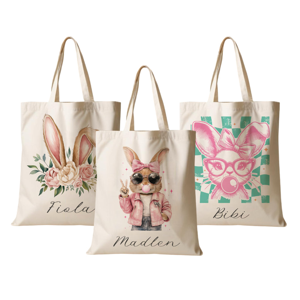 Stoffbeutel mit Namen bedruckt,  Motive: Osterohren, Bubble Gum Osterhasen