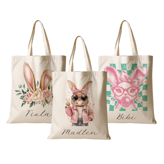 Stoffbeutel mit Namen bedruckt, Motive: Osterohren, Bubble Gum Osterhasen