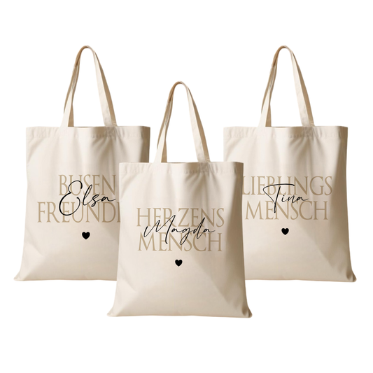 Personalisierter Stoffbeutel für Frauen, 3 Motive: Herzensmensch, Lieblingsmensch, Busenfreundin