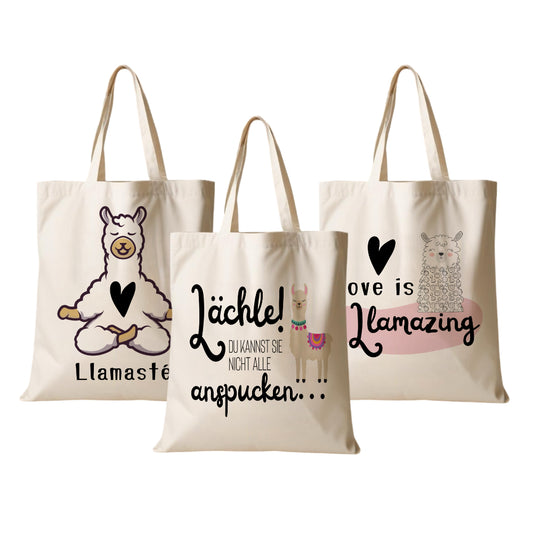 Stoffbeutel Lama Stofftasche Spruch Llamasté, Lächle... anspucken, Love ist Llamazing, No drama Llama