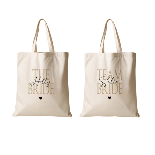 Personalisierter Stoffbeutel zum JGA, 2 Motive: The Bride und Team Bride