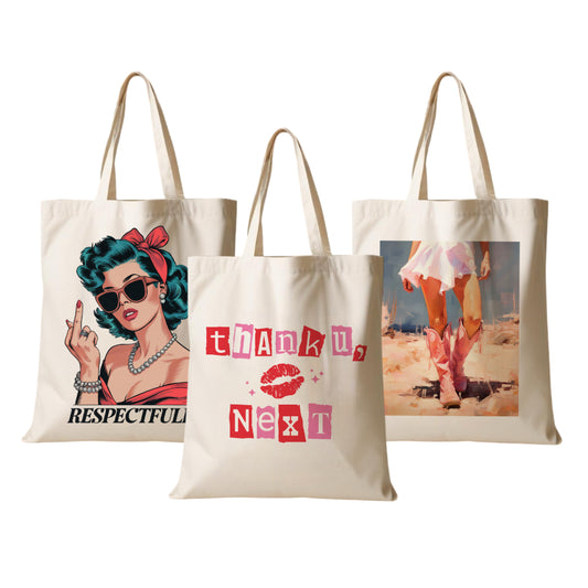 Stoffbeutel bedruckt, Motive: Cowgirl mit Boots, Respectfully, Thank u, next