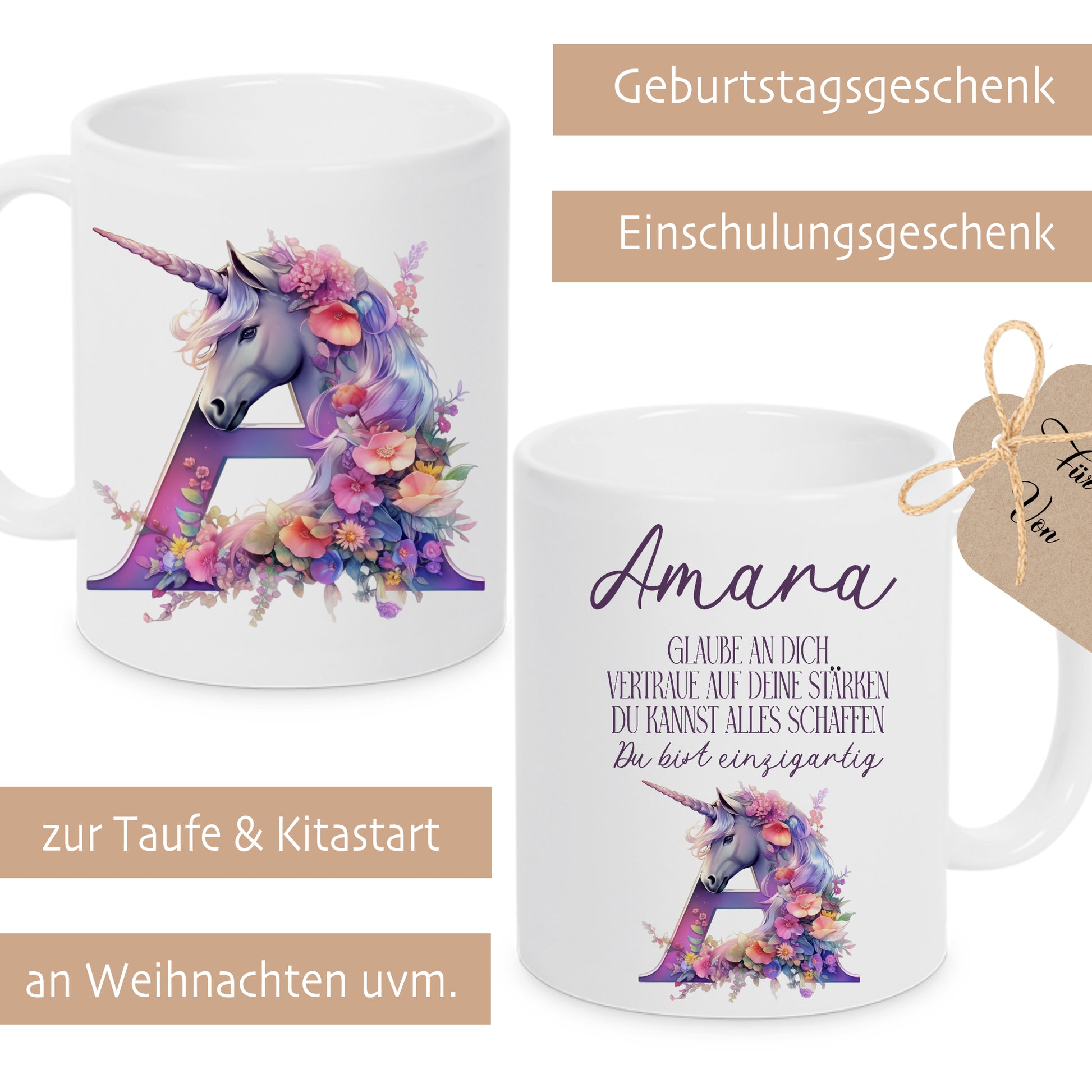 Einhorn Tasse mit Namen und Buchstaben für Mädchen als Geschenk