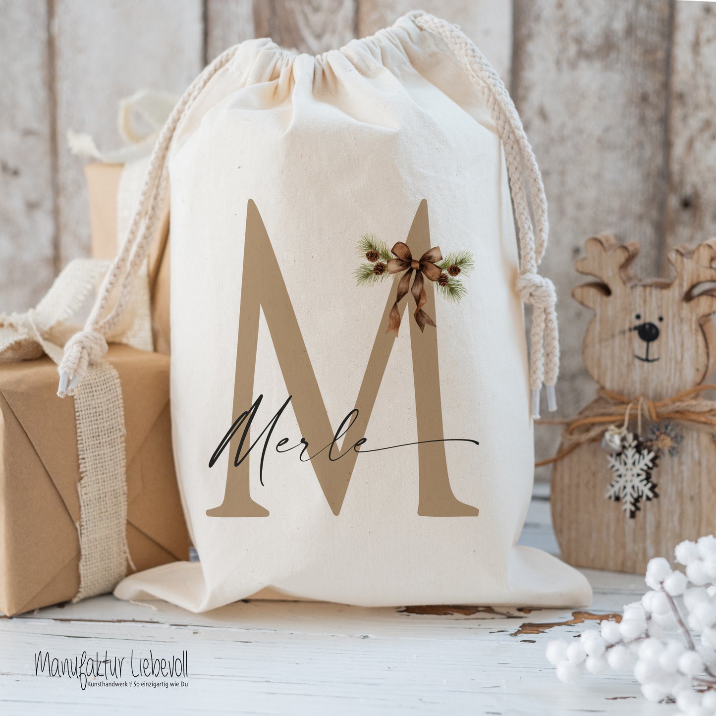 Weihnachtlicher Geschenkbeutel personalisiert mit dem Namen und Buchstaben Weihnachtssack