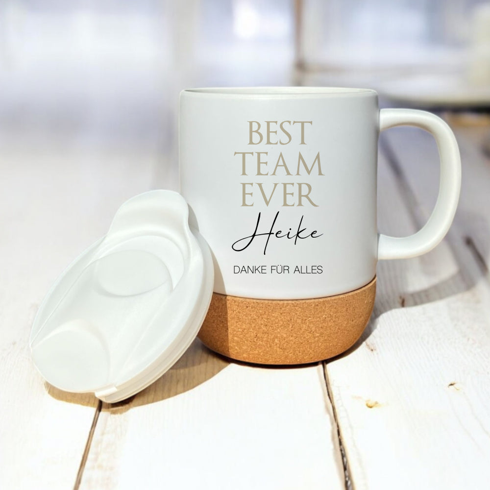 Personalisierte Tasse: Beste Kollegin, Bester Kollege, Best Team Ever | Keramiktasse mit Korkboden und Deckel