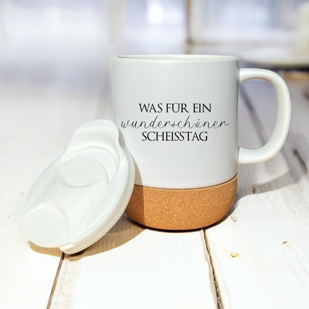 Tasse mit Spruch "Was für ein wunderschöner Scheisstag" Kaffeetasse "Einatmen Ausatmen Lächeln" Becher mit Kork Deckel