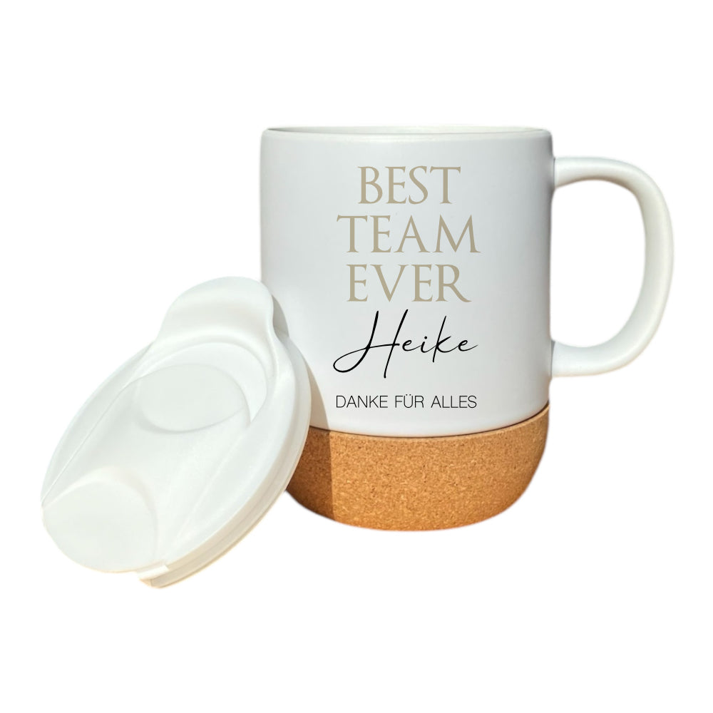 Personalisierte Tasse: Beste Kollegin, Bester Kollege, Best Team Ever | Keramiktasse mit Korkboden und Deckel