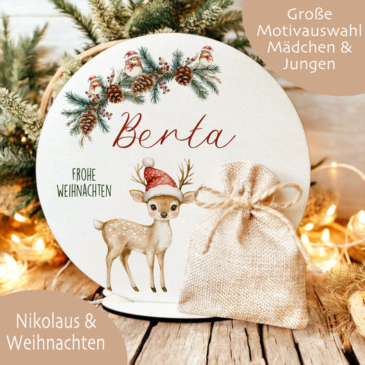 Personalisierte Weihnachtsdeko mit Namen – Holzaufsteller mit Jutesäckchen – Geschenk für Kinder, Mädchen & Jungen – Geldgeschenk Weihnachten, Nikolaus, Julklapp