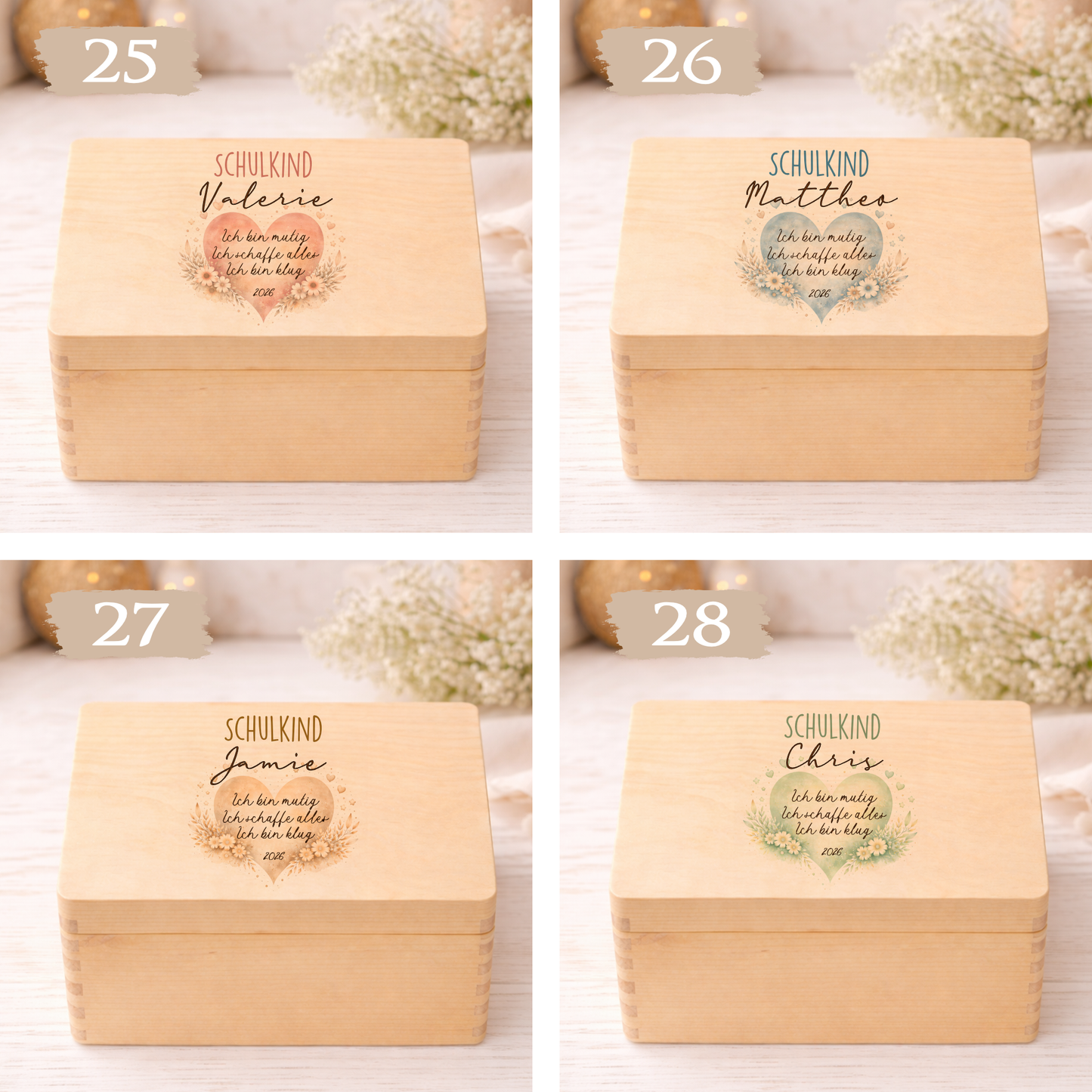 Holzkiste Schulkind 2026 Geschenk I Personalisierte Erinnerungsbox mit Namen viele Motive I Mädchen Einschulung Junge Geschenk Schulstart