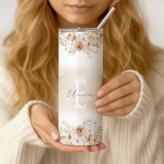 Personalisierter Thermobecher mit Namen & Initialen Boho Floral Edelstahl Kaffeebecher to go mit Strohhalm Geschenk für Frauen u. Mädchen