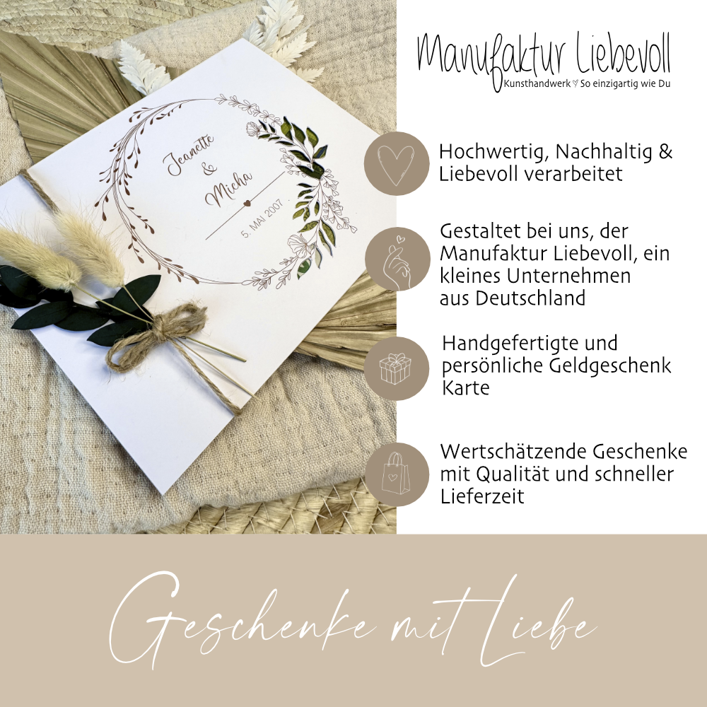 Hochzeitskarte als Geldgeschenkidee zur Trauung mit Namen und Datum