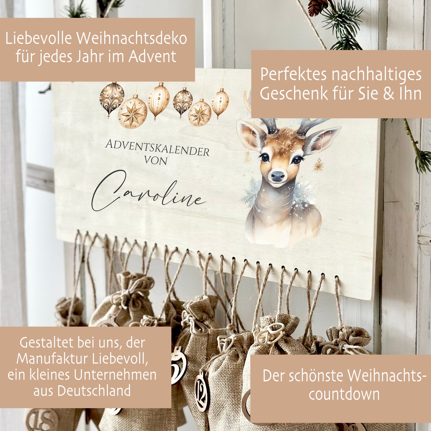 Personalisierter Adventskalender "Rehkitz" für Frauen mit Namen zum Befüllen für die Adventszeit