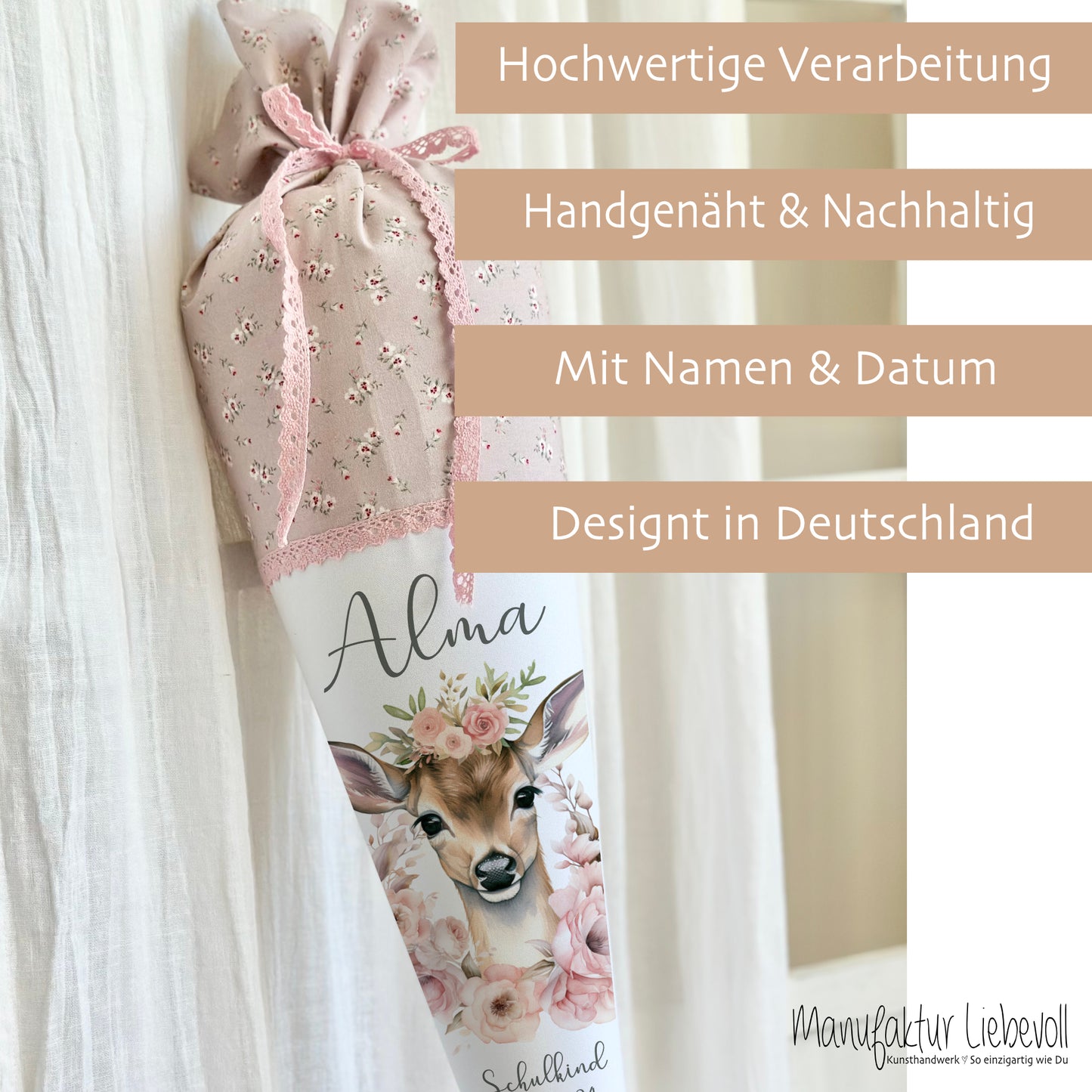 Personalisierte rosa Stoff Zuckertüte Rehkitz Schultüte Bambi für Mädchen mit Namen Einschulungstüte Einschulung Datum Blumen Füllkissen 70 cm I Optional mit Füllkissen und Spitzenschutz