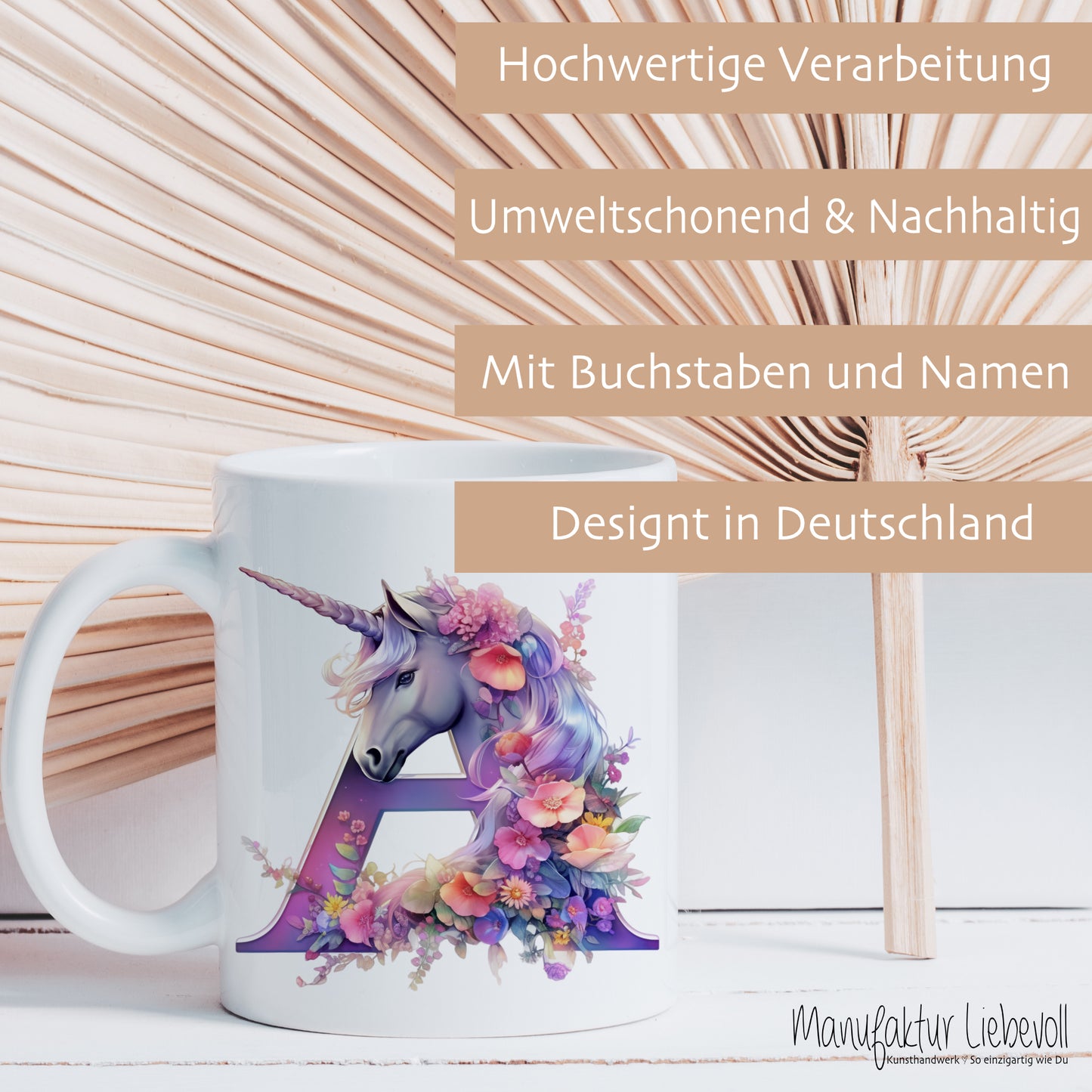 Einhorn Tasse mit Namen und Buchstaben für Mädchen als Geschenk