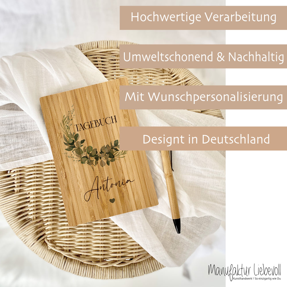 Notizbuch personalisiert Tagebuch mit Namen A5 Journal Mädchen Frauen Teenager Geschenk Schreibheft Journal Notizheft Eukalyptus