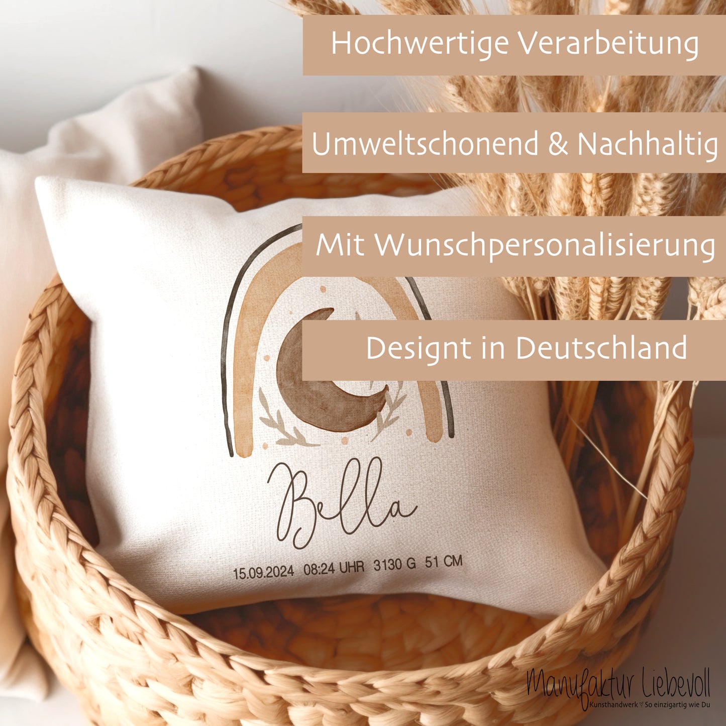 Personalisiertes Kissen mit Boho Regenbogen | Geschenk mit Namen für Mädchen und Jungen | Kissen mit Geburtsdaten für Neugeborene