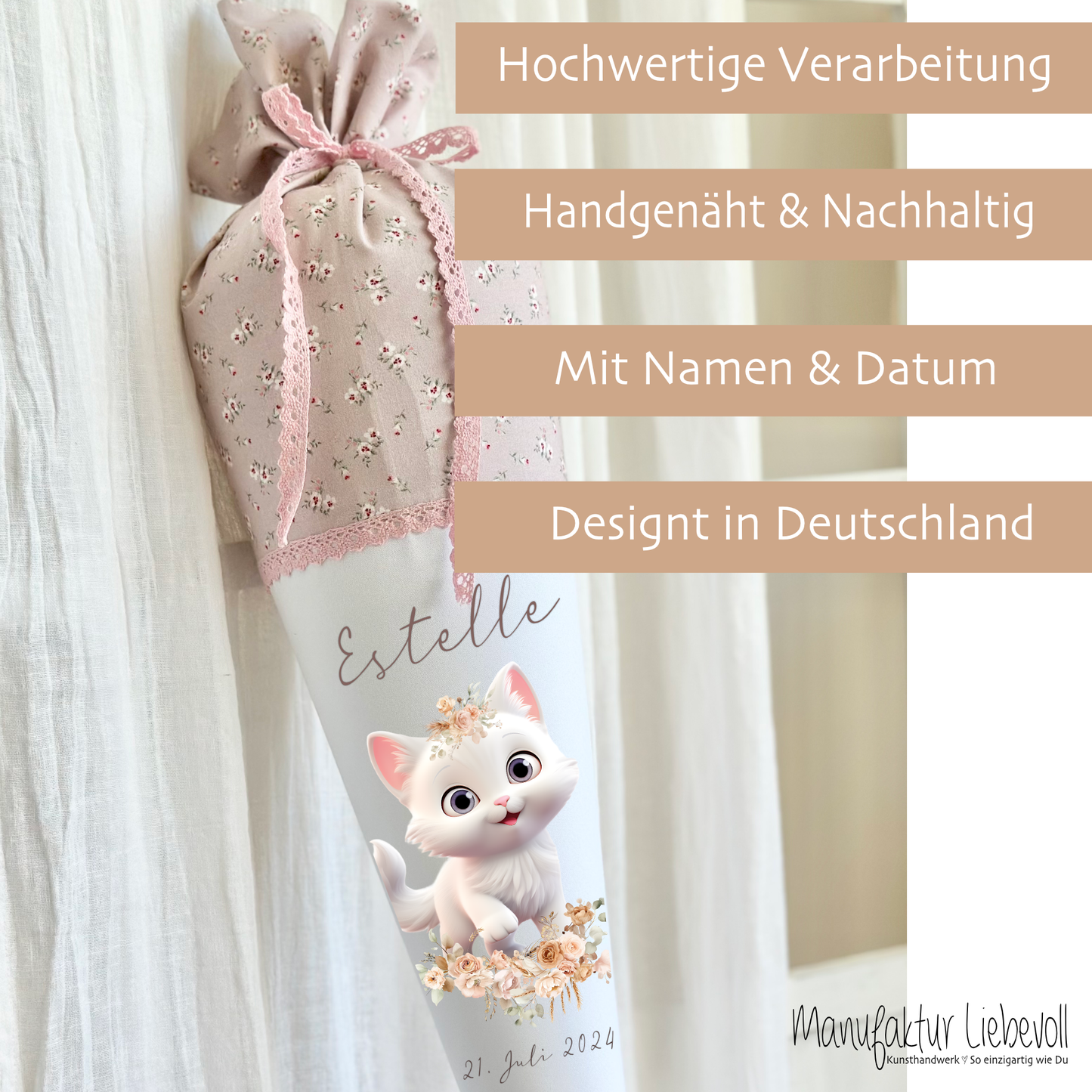 Stoff Schultüte Katze mit Namen für Mädchen zur Einschulung