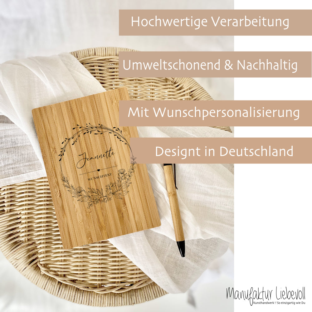 Notizbuch "Wunschtext" mit Namen und Blumenranke | Buch aus Bambus und Kugelschreiber | Persönliche Geschenkidee für Sie u. Ihn