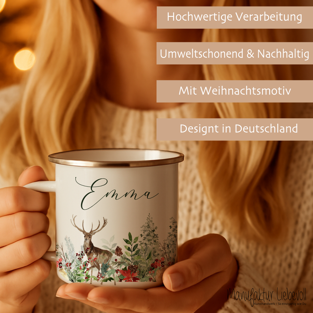 Personalisierte Emaille Tasse Weihnachten mit Namen – Hirsch & Wintermotiv – Geschenkidee Advent & Weihnachtsgeschenk