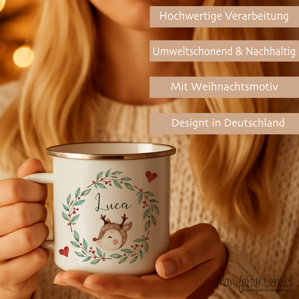 Personalisierte Emaille Tasse Weihnachten mit Namen – Kinder Becher Rentier & Herz Motiv – Geschenkidee Advent, Nikolaus, Weihnachtsgeschenk