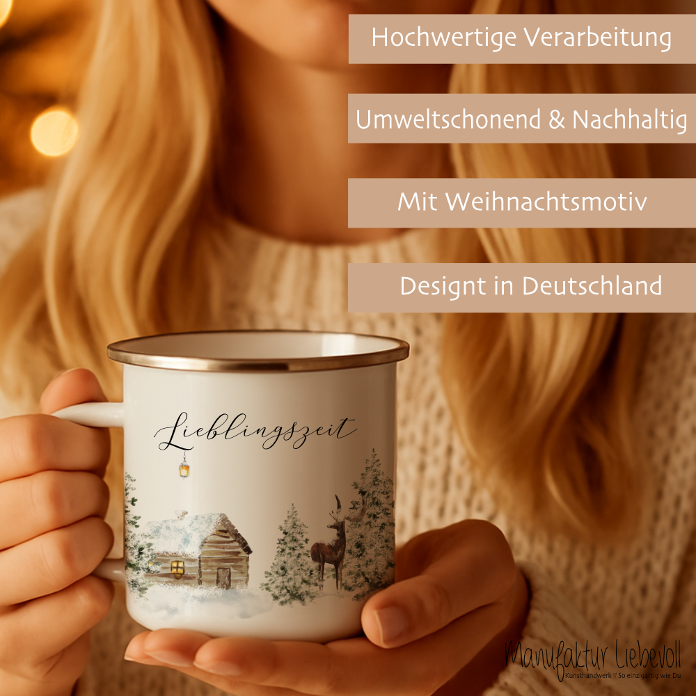 Emaille Tasse Lieblingszeit – Winter Becher mit Hirsch & Hütte – Geschenkidee Weihnachten & Advent
