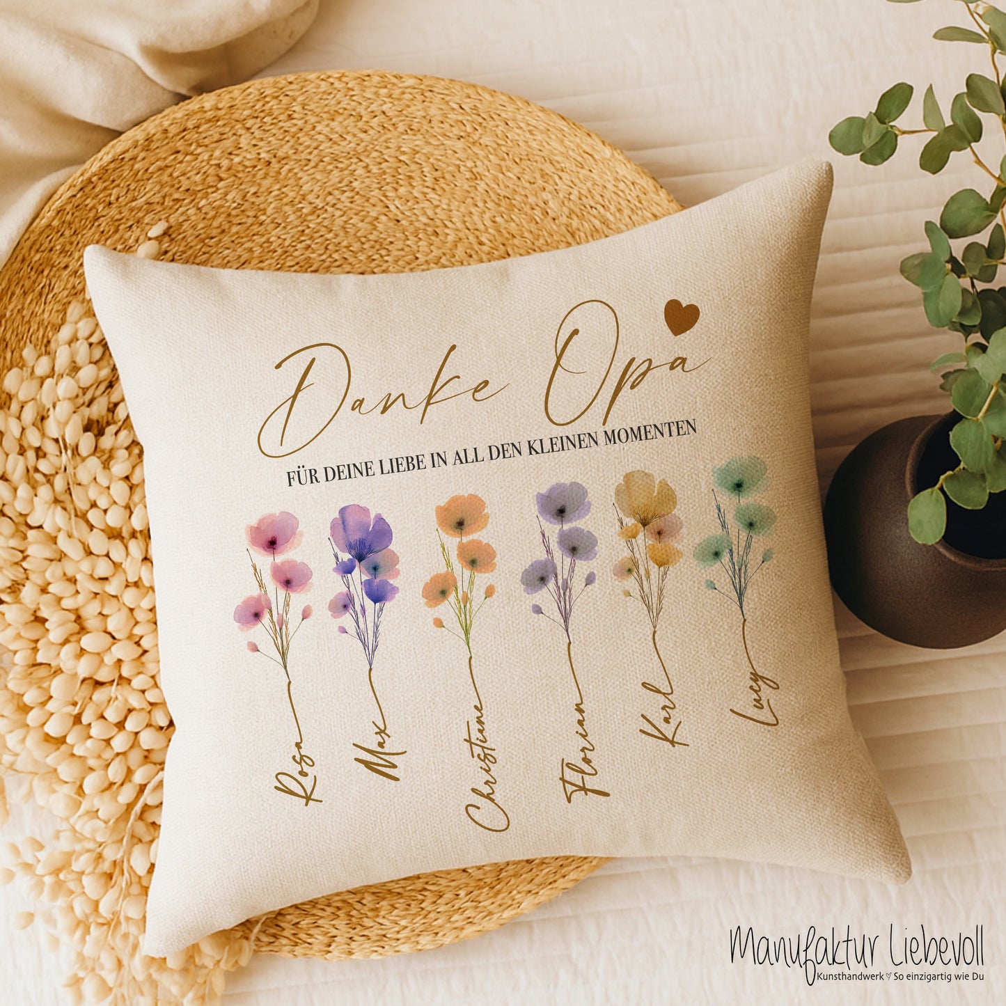 Personalisiertes Kissen mit Namen – Geschenk für Oma, Opa, Mama, Papa, Uroma & Uropa – Aquarell Blumen – Kissen Leinenoptik 40x40 – Familiengeschenk mit Enkelnamen – Danke oder Beste/r