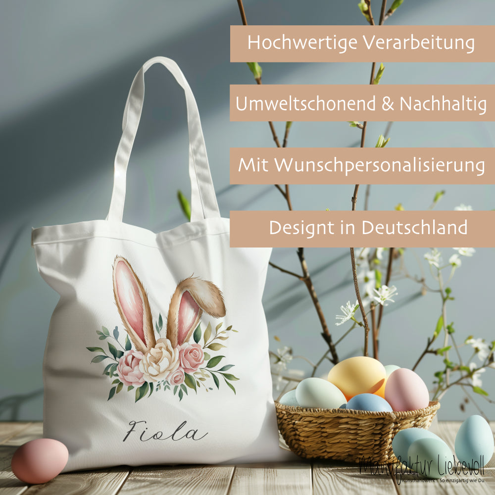 Stoffbeutel mit Namen bedruckt,  Motive: Osterohren, Bubble Gum Osterhasen