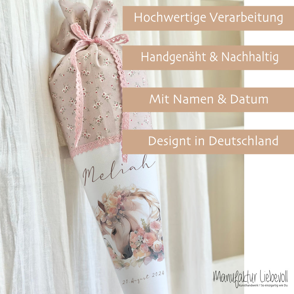 Personalisierte rosa Stoff Zuckertüte Pferd Schultüte Pony für Mädchen mit Namen Einschulungstüte Einschulung Datum Blumen Füllkissen 70 cm I Optional mit Füllkissen und Spitzenschutz
