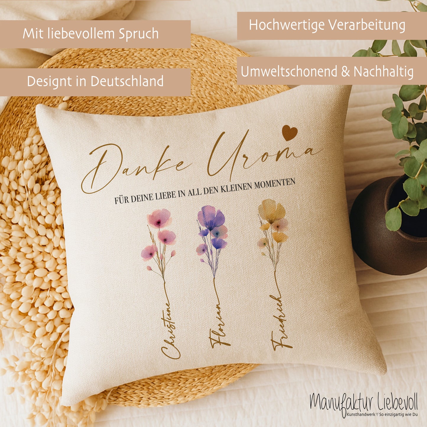 Personalisiertes Kissen mit Namen – Geschenk für Oma, Opa, Mama, Papa, Uroma & Uropa – Aquarell Blumen – Kissen Leinenoptik 40x40 – Familiengeschenk mit Enkelnamen – Danke oder Beste/r