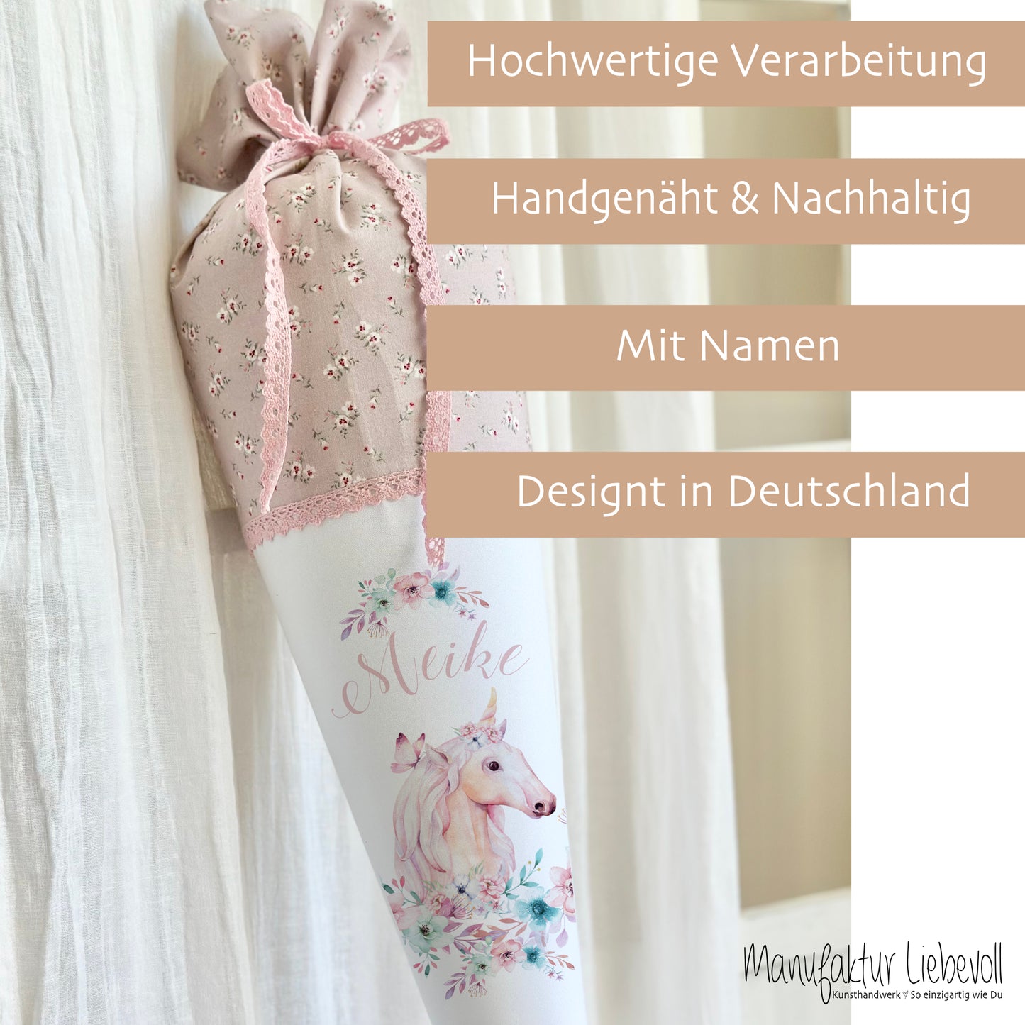 Schultüte "Einhorn" mit Namen handgefertigt | Schöne Stoffschultüte zur Einschulung für Mädchen mit geblümten Stoff | Optional mit Füllkissen und Spitzenschutz