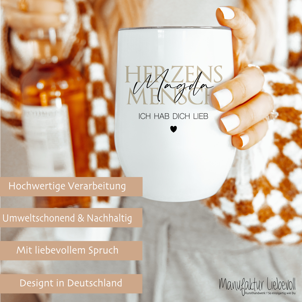 Personalisierter Weinbecher Herzensmensch und Wunschtext aus Edelstahl