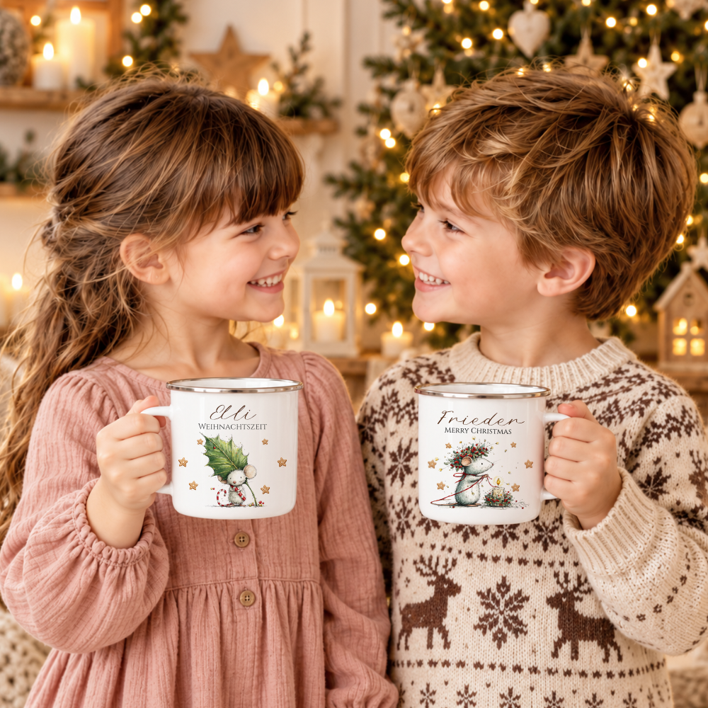 Emaille Tasse personalisiert mit Namen – 4 süße Weihnachtsmäuse