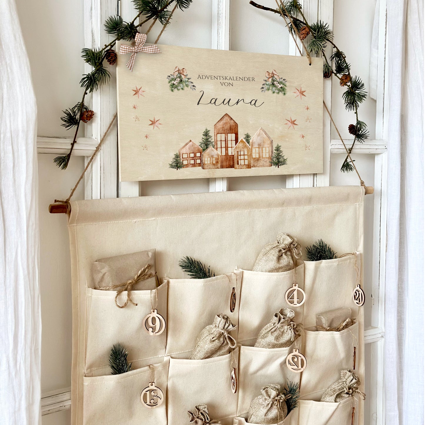 Boho Adventskalender mit Namen personalisiert vintage Stoff Adventskalender zum Befüllen Kalender Geschenk Frauen Männer Kinder Familie