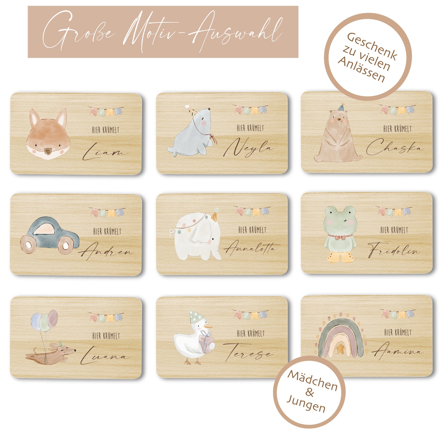 Frühstücksbrett personalisiertes Babygeschenk Geburt Taufe Baby Taufgeschenk Schneidebrett mit Namen| Große Motivauswahl