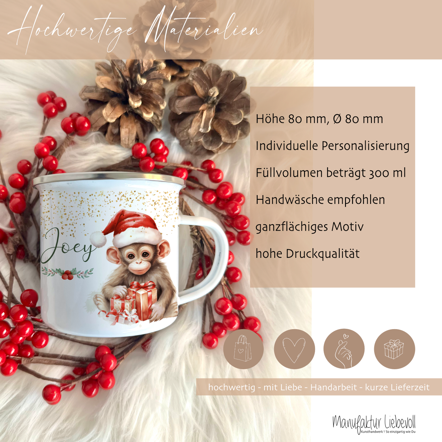 Kinder Tasse Affe als Geschenk an Weihnachten Nikolaus mit Namen