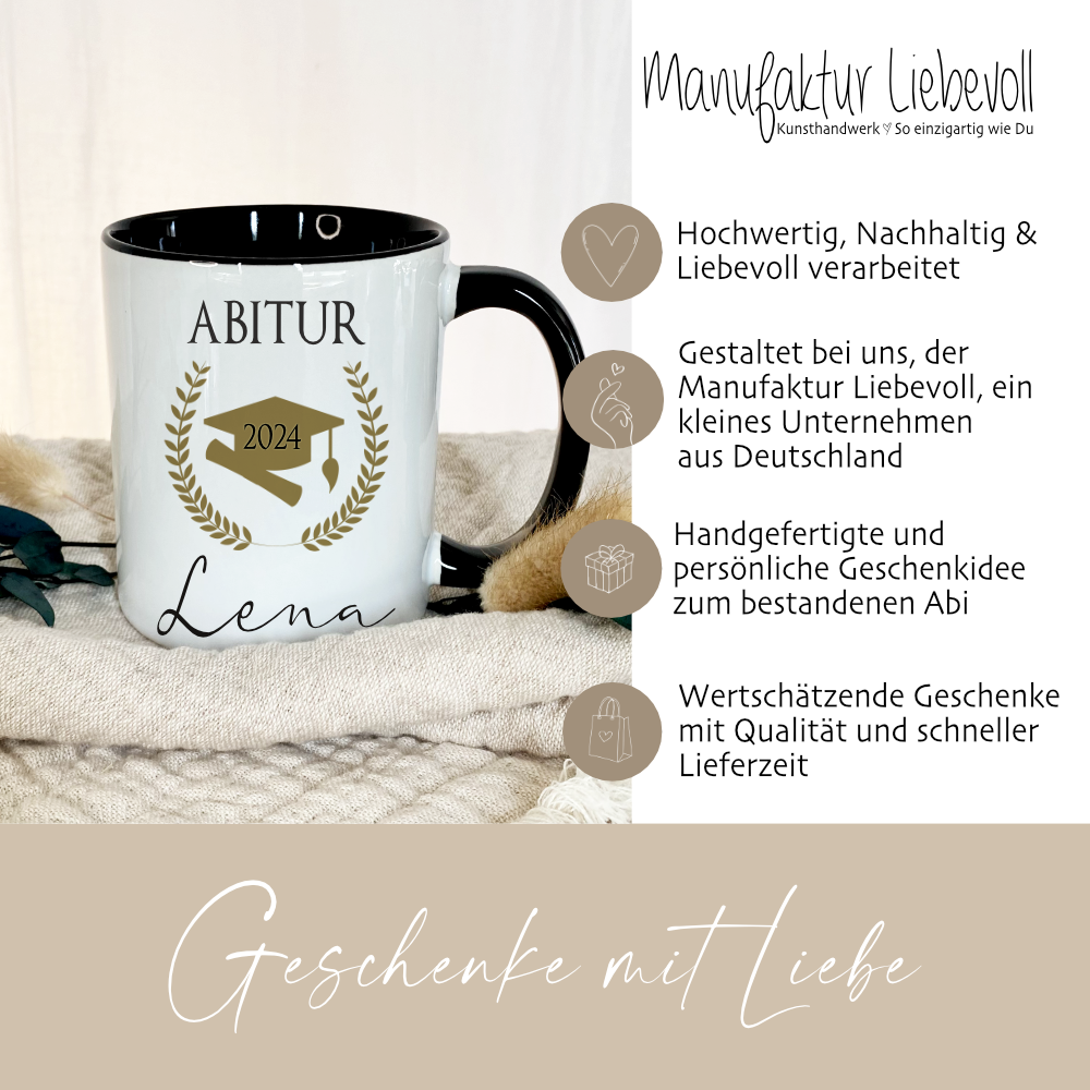 Abitur Kaffeetasse, personalisiertes Abi Geschenk mit Namen, Keramiktasse mit Anhänger als Geschenkidee für Abiturienten, zur bestandenen Prüfung