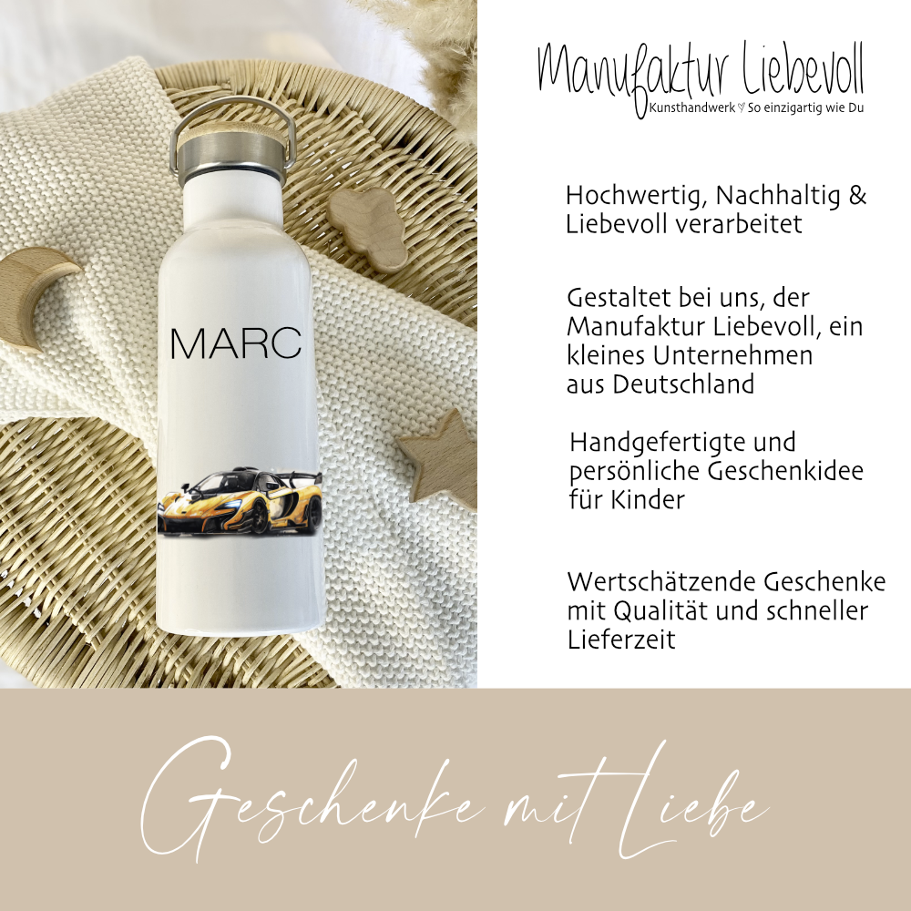 Trinkflasche Rennauto mit Namen als Geschenk für Jungen