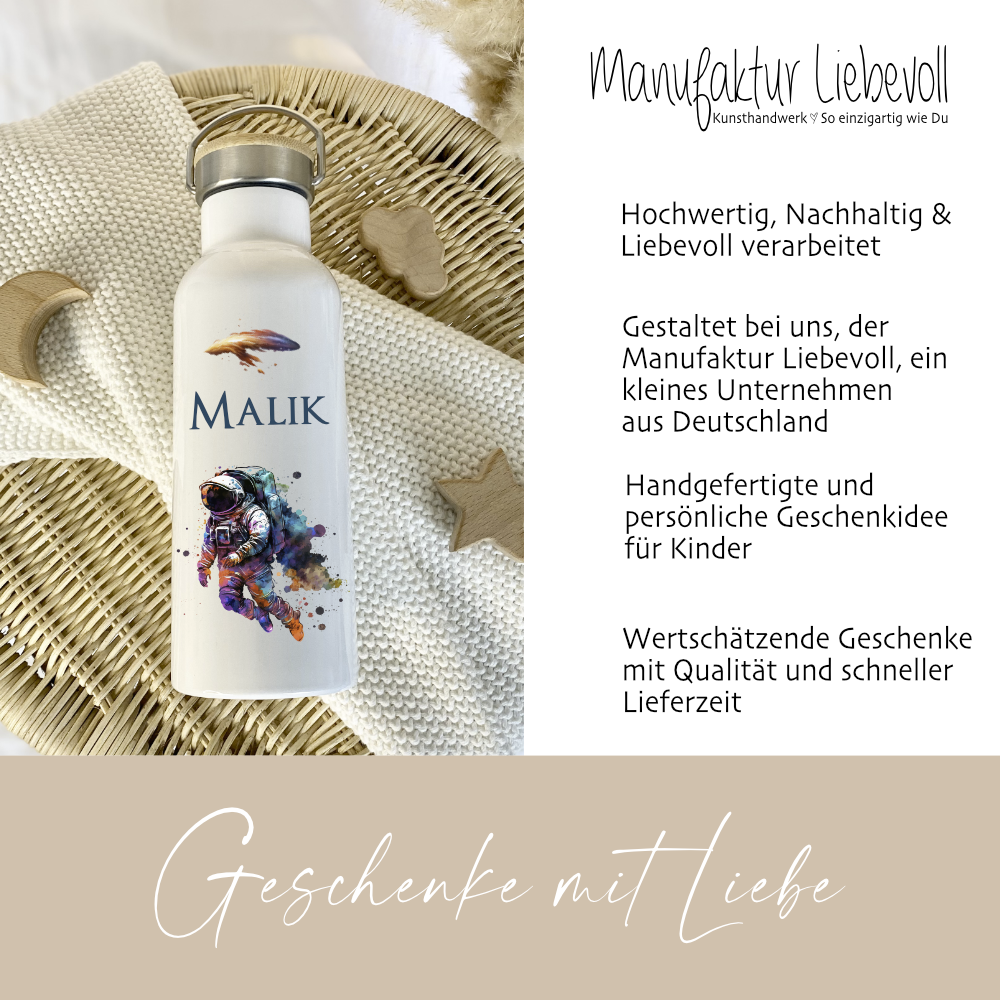 Trinkflasche Astronaut mit Namen als Geschenkidee für Kinder