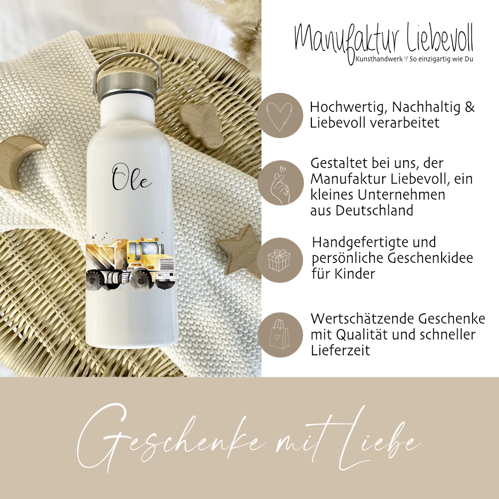 Kindertrinkflasche Baustelle LKW mit Namen als Geschenkidee 